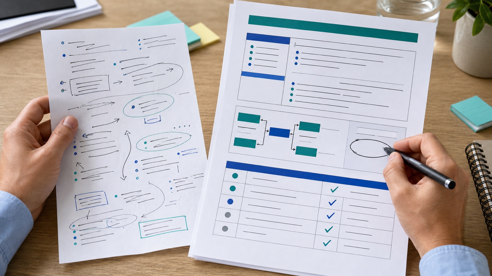 Hands comparing fictional meeting notes with a structured action brief