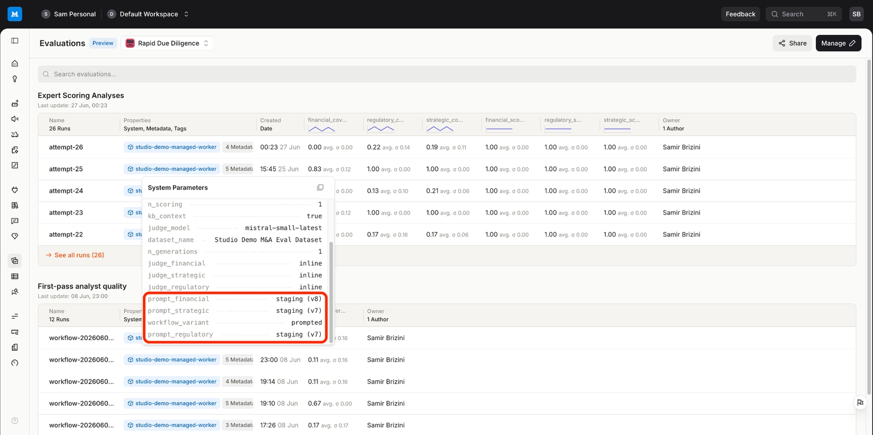Mistral Studio interface showing prompt and skill version information