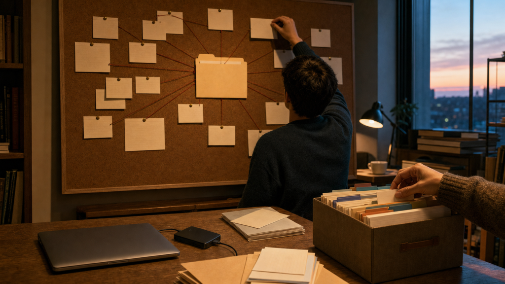 Research team organizing blank evidence cards into a local file-based memory map