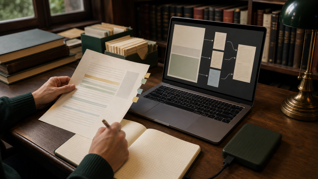 Researcher connecting highlighted papers and citation tabs to a private local research workspace