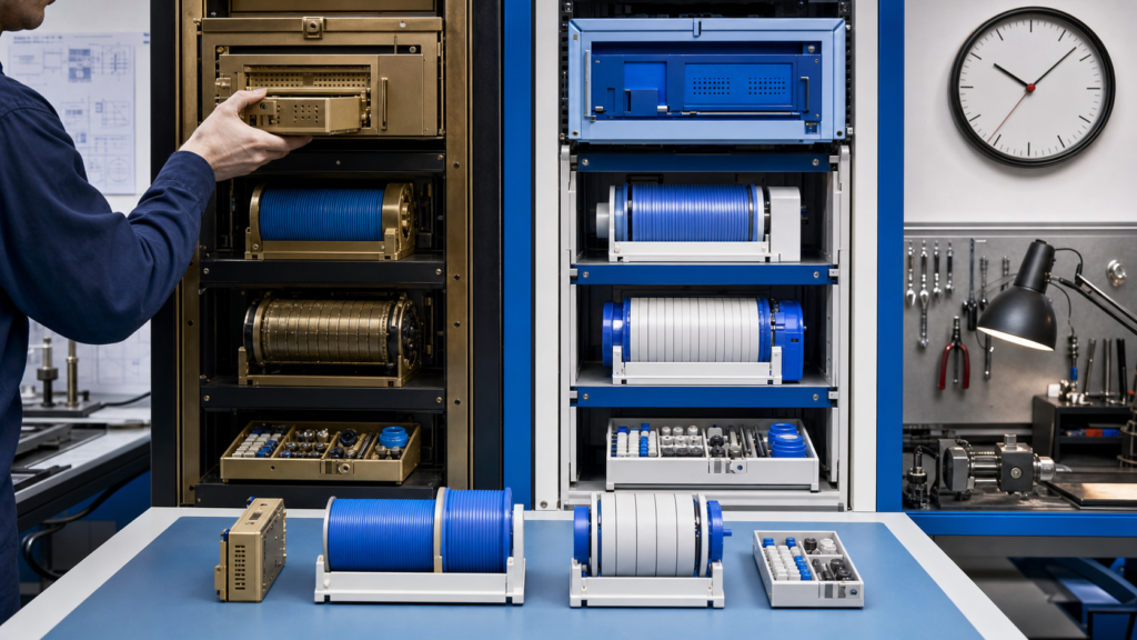 An engineer moves one of four legacy modules to a replacement rack while a rollback set remains intact