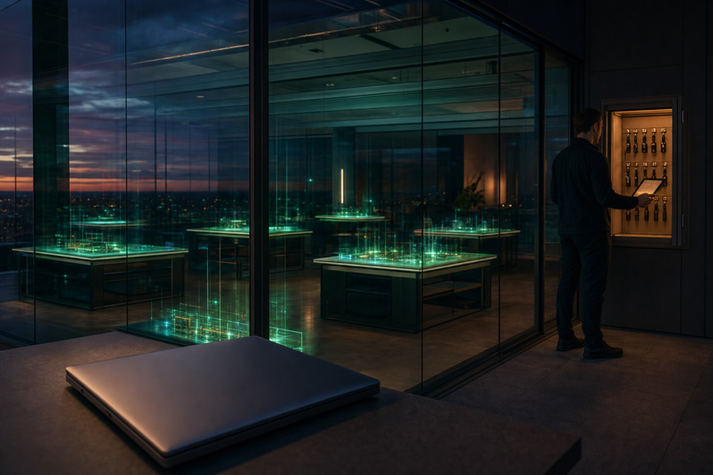 Secure customer-controlled work rooms continue operating after a laptop closes while a human reviews scoped credentials