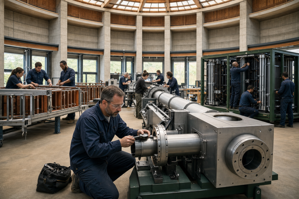 Specialist teams join a circular workshop while an independent reviewer measures one connection