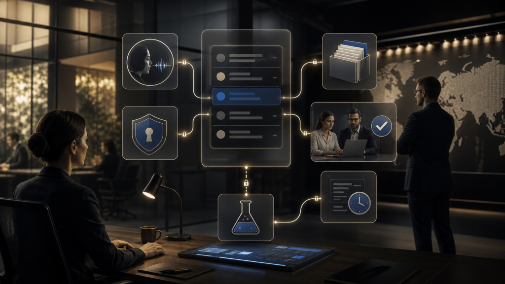 Editorial illustration of governed enterprise agents with permissions, approval, and audit controls