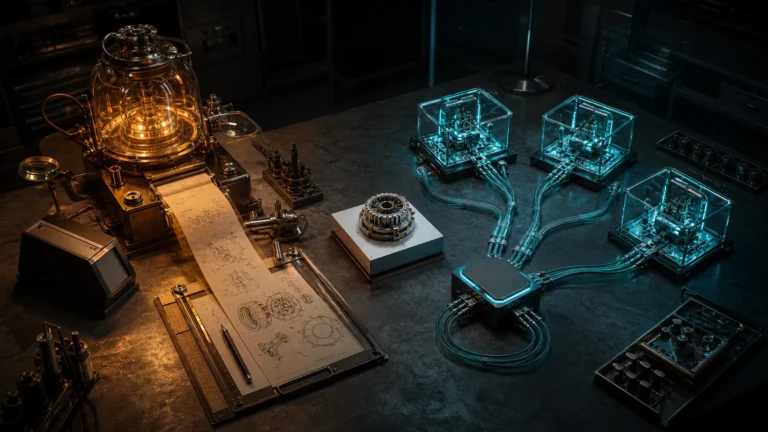 Editorial comparison of one amber analytical system and several cyan parallel workstations evaluating the same engineering component, representing Claude Opus 5 and GPT-5.6 Sol in Ultra mode.