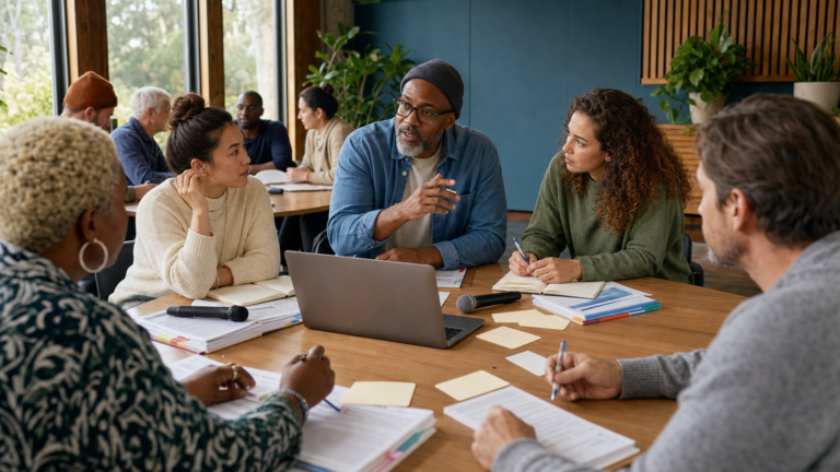 Adult learners discuss a hands-on AI exercise together in a community workshop