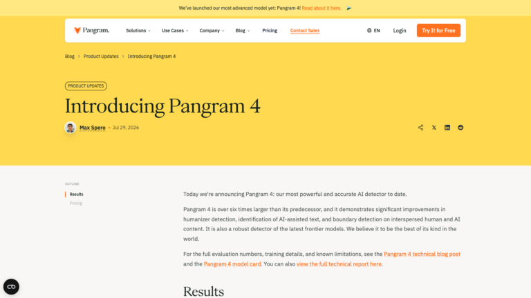 Official Pangram 4 launch page announcing the new AI text detection model on July 29, 2026