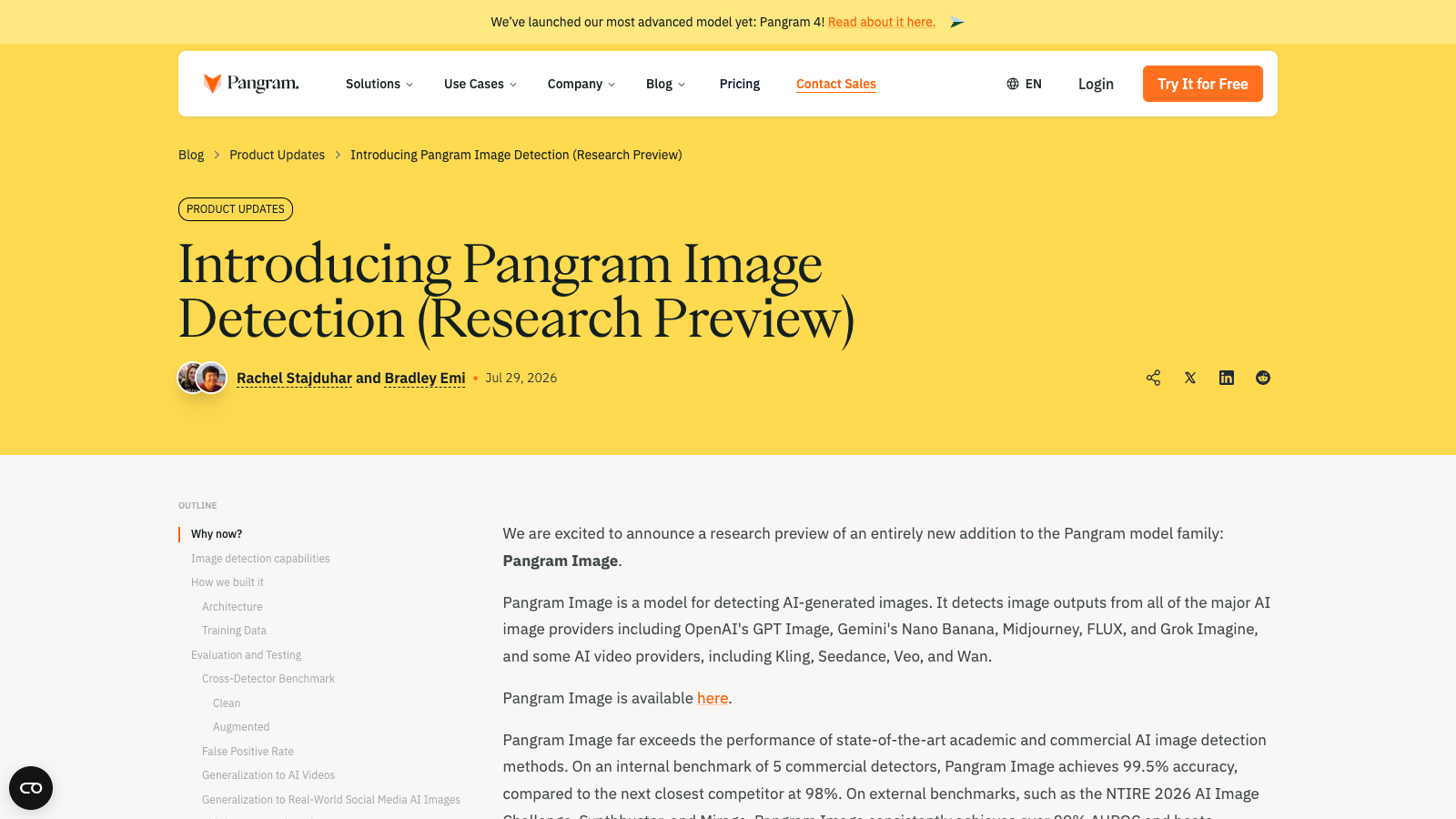Official Pangram Image Detection research preview page describing supported AI image and video generators
