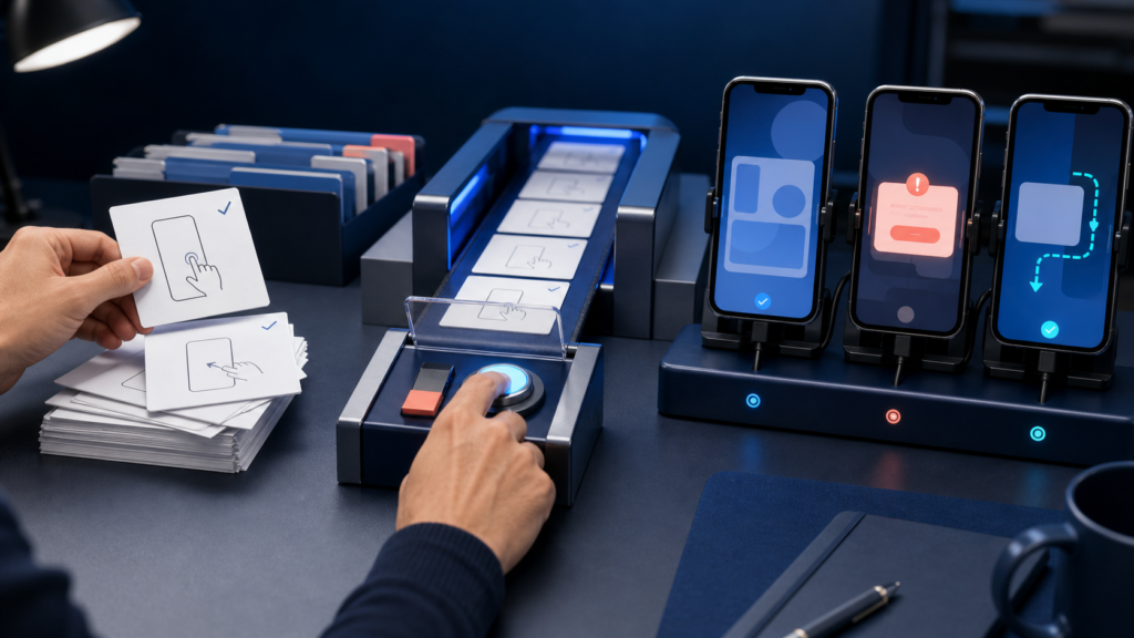 QA engineer approving test cases before automated execution across three mobile devices