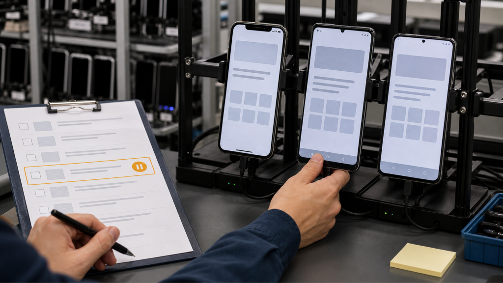 Mobile QA engineer pauses an automated real-device test for approval