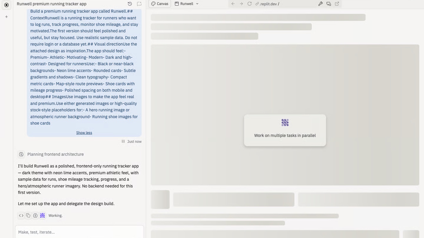 Replit Agent planning a running tracker while the Project Editor prepares the app preview.