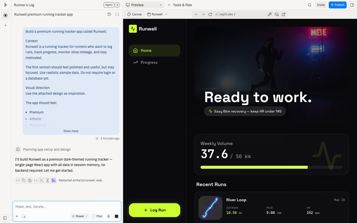 Replit Preview showing a running tracker beside the Agent conversation in the Project Editor.