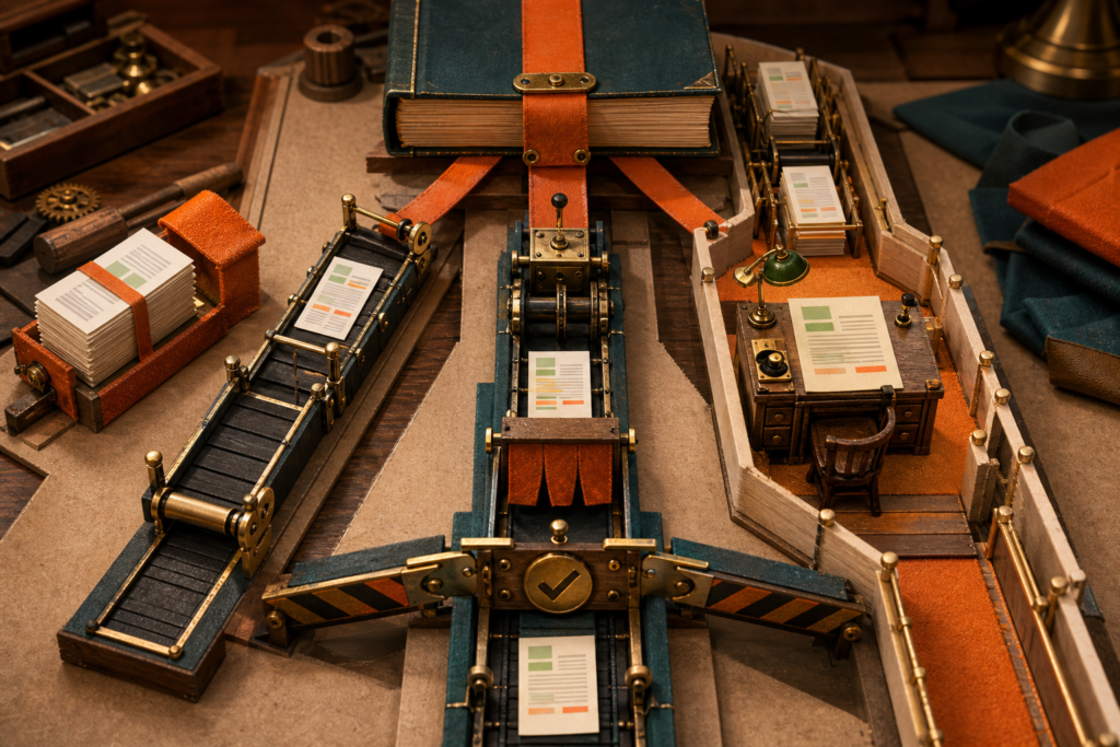 A tabletop review workflow splits into three deployment lanes before one merge gate