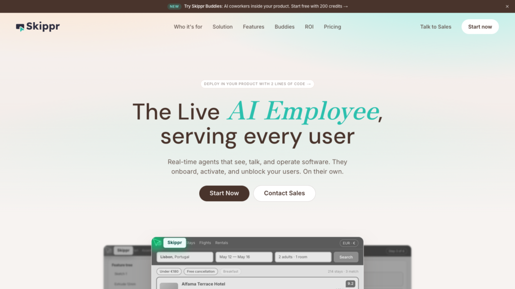 Skippr official site showing its embeddable real-time product agent