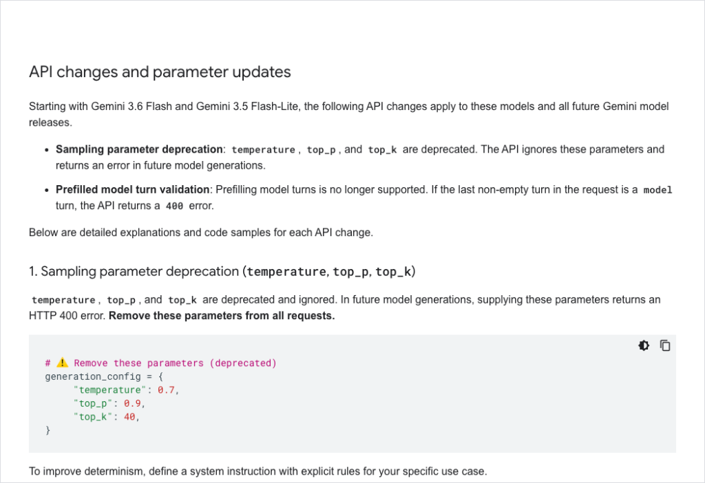 Official Gemini API documentation explaining deprecated sampling parameters and required migration changes.