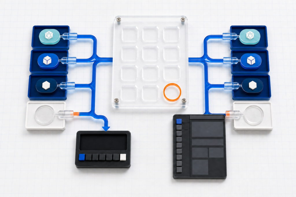 A central policy plate routes approved source capsules to two coding-client devices while empty lanes remain closed