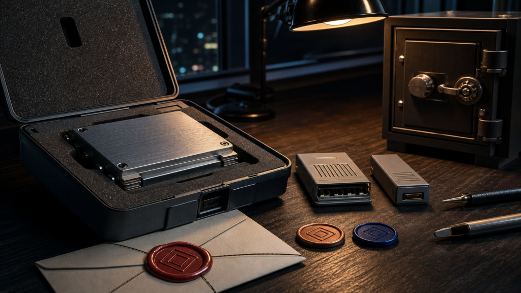 A sealed local software cartridge and connectors sit beside a locked vault