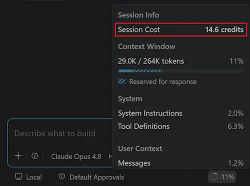 GitHub Copilot session token and credit usage view in Visual Studio Code