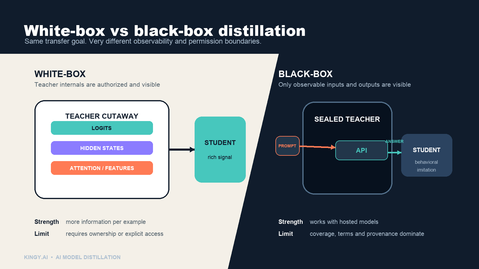 White-box versus black-box model distillation comparison showing accessible signals, strengths, limits and permission boundaries.