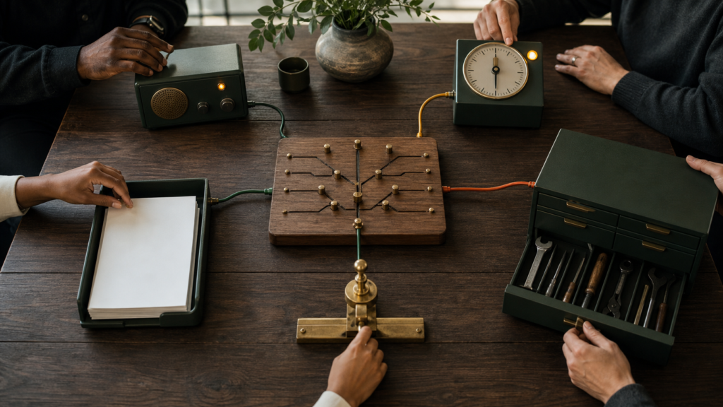 A team routes tools through a shared workflow board and approval gate