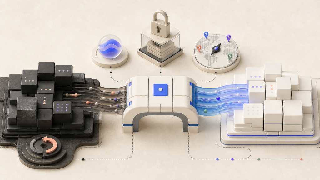 Abstract migration bridge carries code modules from a dark legacy stack to a verified modern stack, with package lock and region controls.