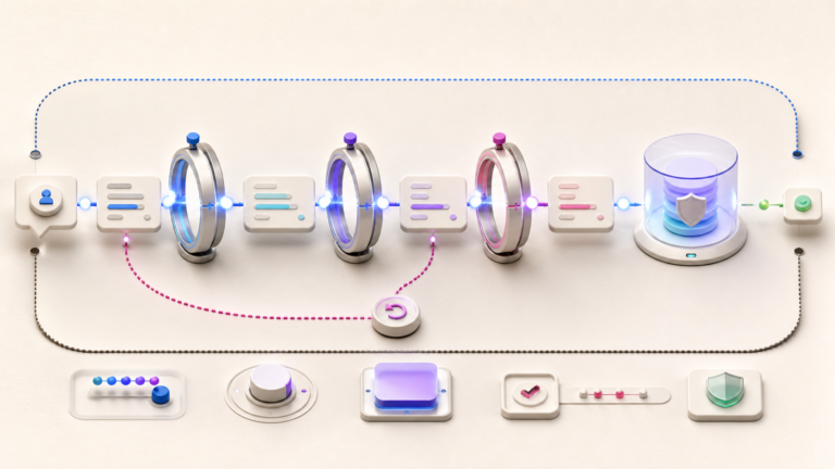 Abstract interaction workflow passes through three control gates into protected stored state with a rollback path.