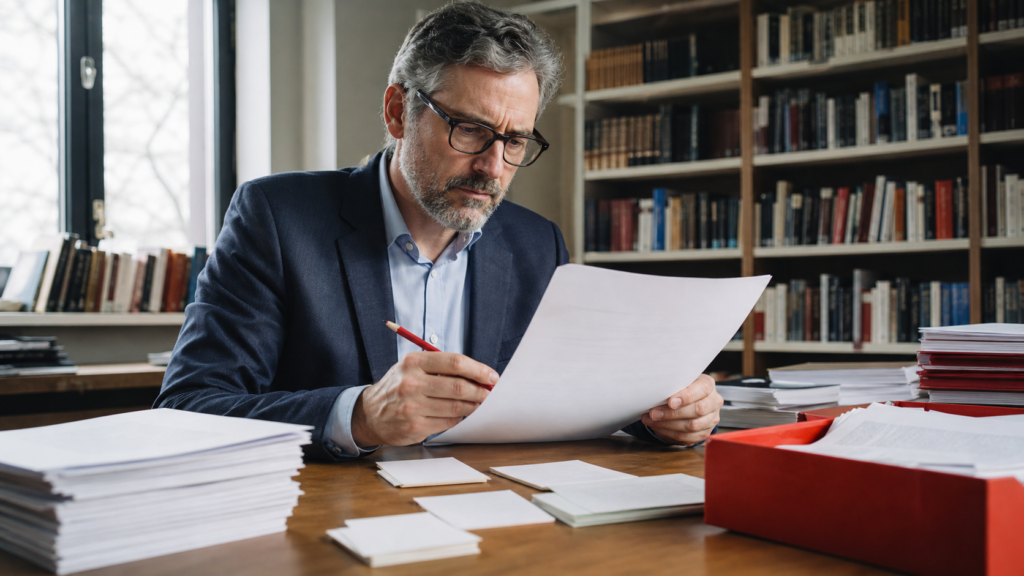 An academic editor reviews a research preprint and supporting documents in a university library.