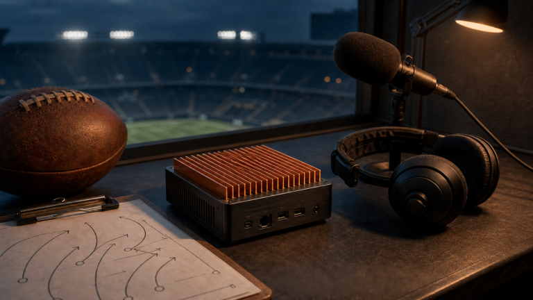 Compact edge AI module beside a broadcast microphone, headset, football, and play clipboard in a stadium booth