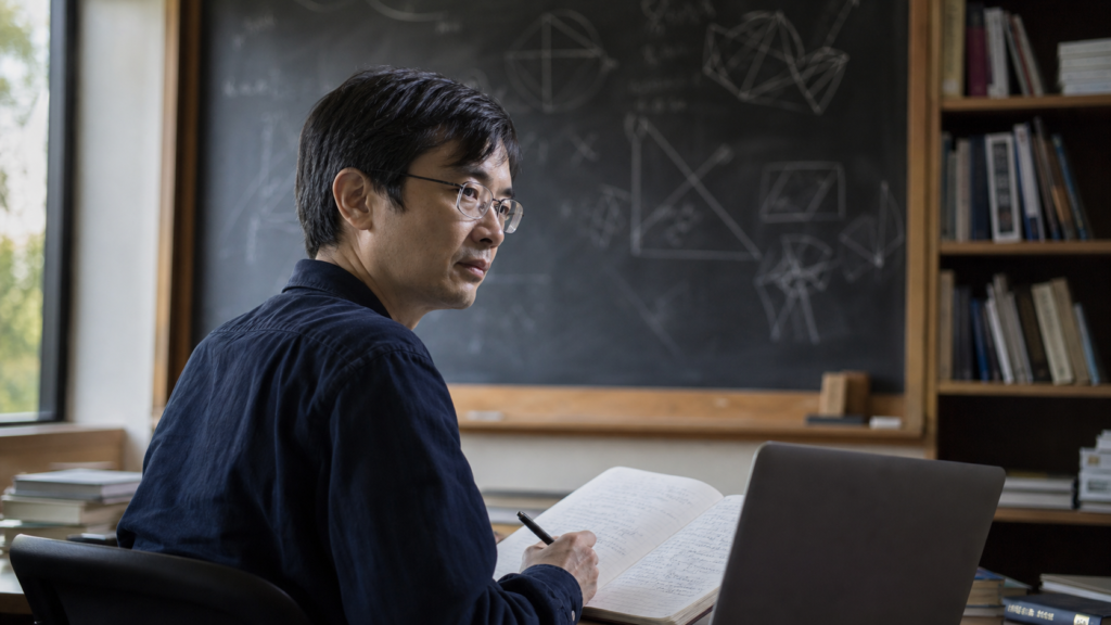 A mathematician reviews handwritten proof notes beside a closed-view laptop and chalkboard.