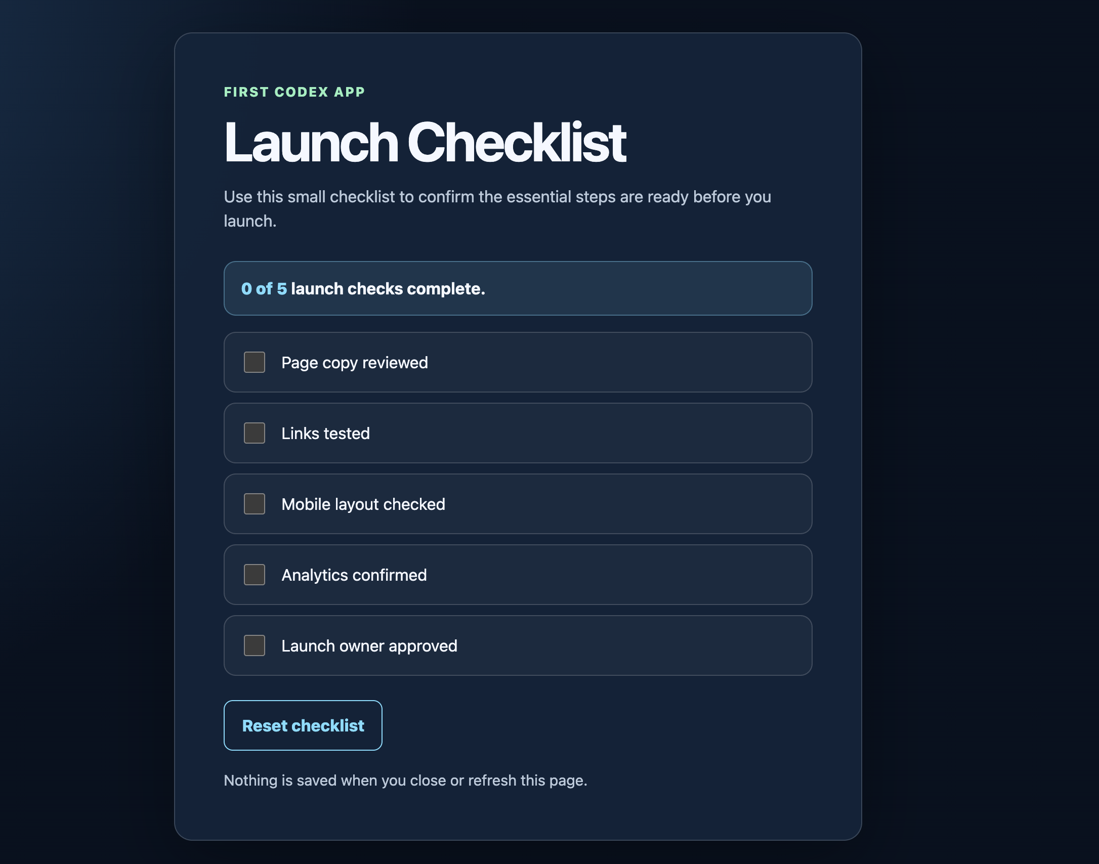 Launch Checklist app with zero of five launch checks complete and five unchecked checklist items.