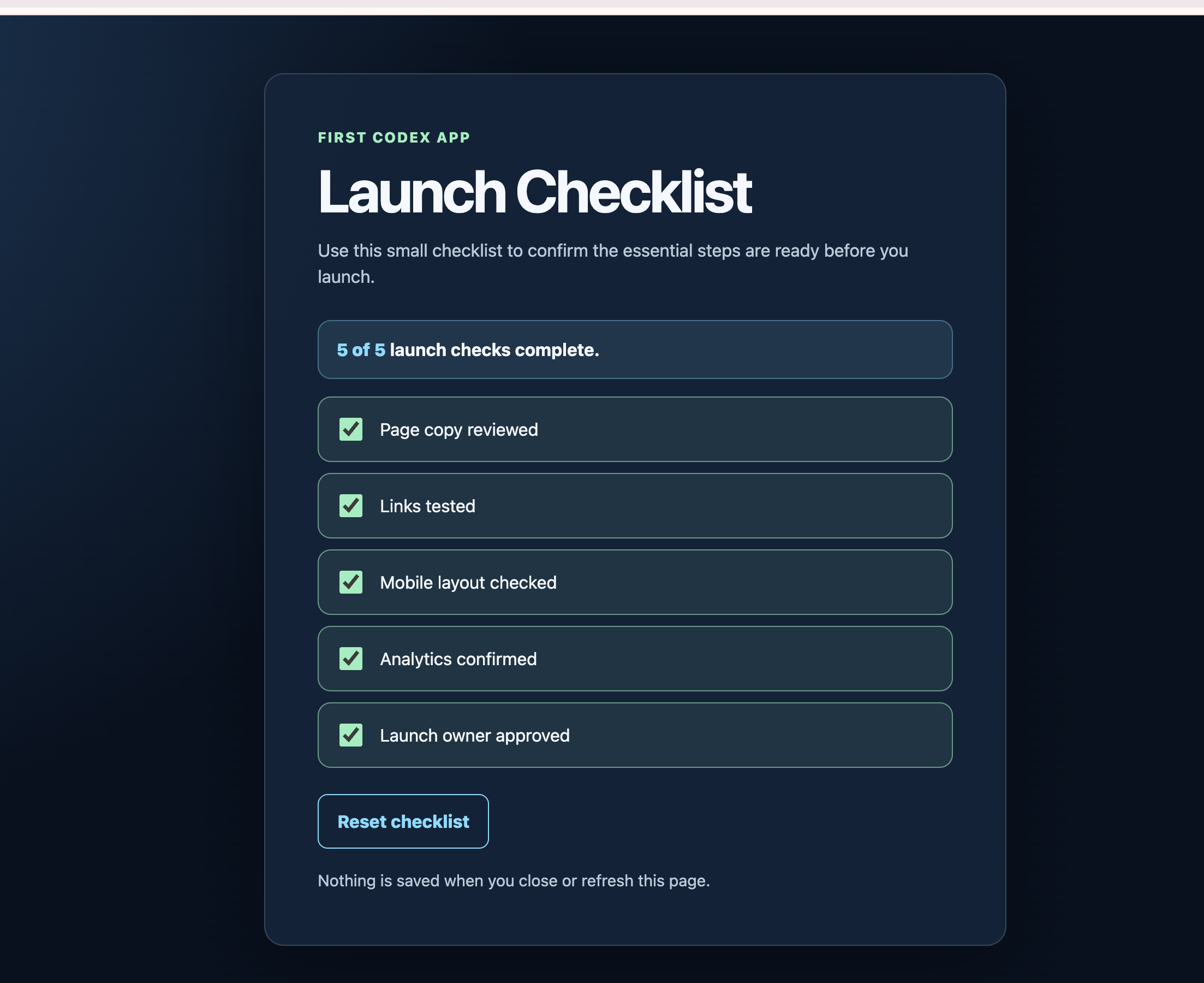 Completed Launch Checklist app with five of five launch checks complete and all five items checked.