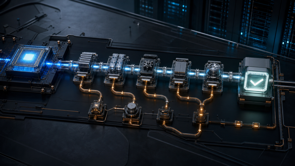 An AI compute pipeline passing through cache, tool, retry and capacity modules before reaching an accepted outcome checkpoint