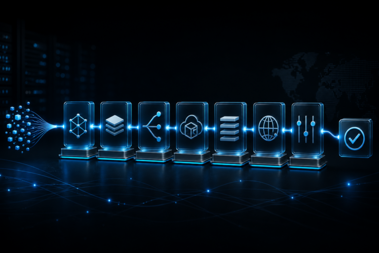 Editorial illustration of an AI inference request moving through model, routing, cloud, capacity, region, controls, and acceptance checks