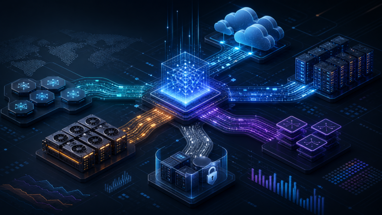 Editorial visualization of one AI model routed through cloud, specialized, dedicated and private inference infrastructure