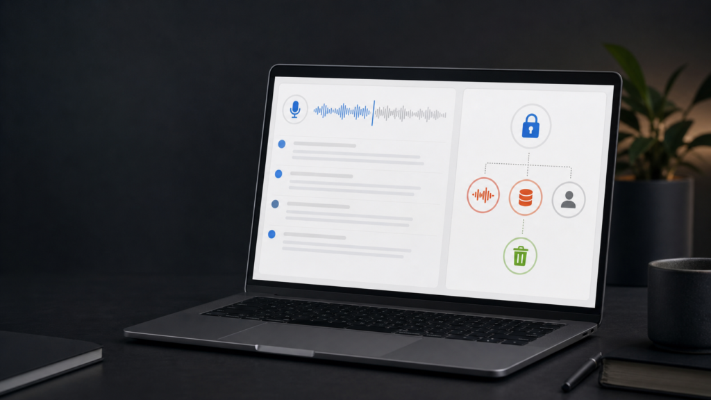 Laptop showing AI meeting notes beside privacy controls for recording retention, AI training and deletion.