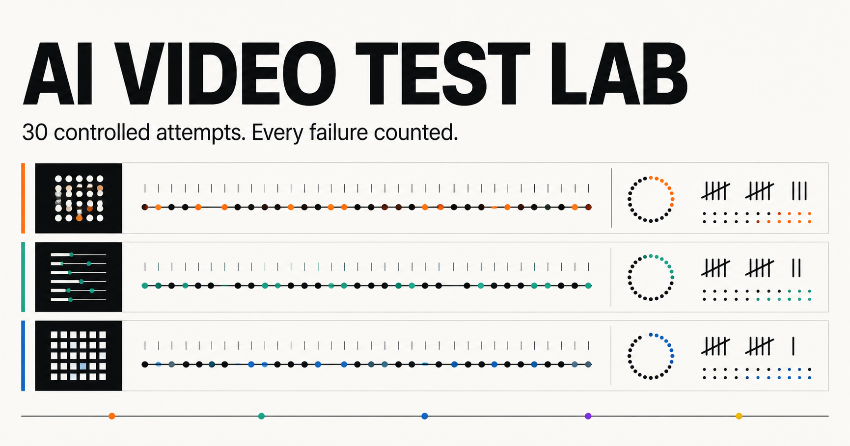 AI Video Test Lab editorial graphic showing three controlled model-test lanes and thirty retained attempt markers.