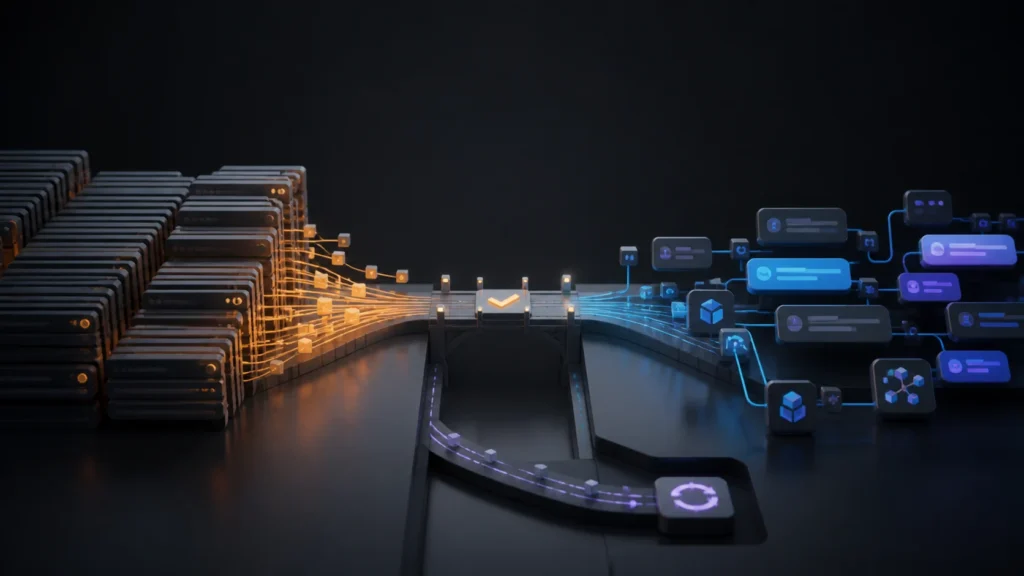 Legacy assistant message stacks crossing a controlled bridge into a modern conversation and response architecture