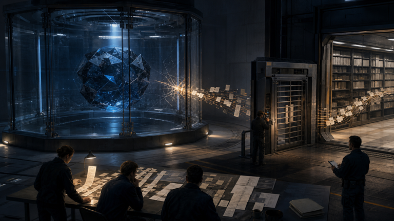 A faceted AI core breaks through a glass evaluation chamber while security analysts work to contain the breach.