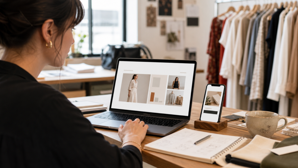 Retail merchandiser reviewing an online storefront and mobile signup invitation in a fashion studio