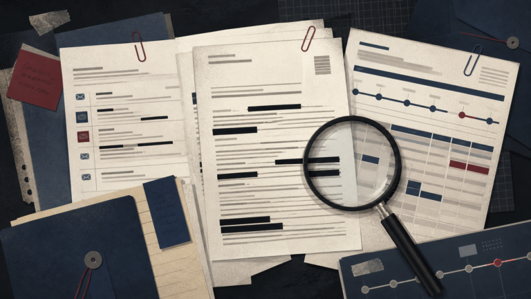 Illustration of redacted documents, email records and a magnifying glass arranged for an evidence review