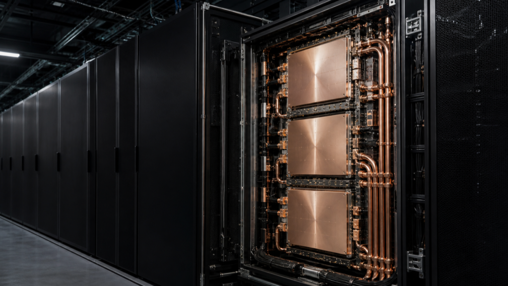 Editorial image of a rack-scale AI system with three copper-cooled processor modules in a data center