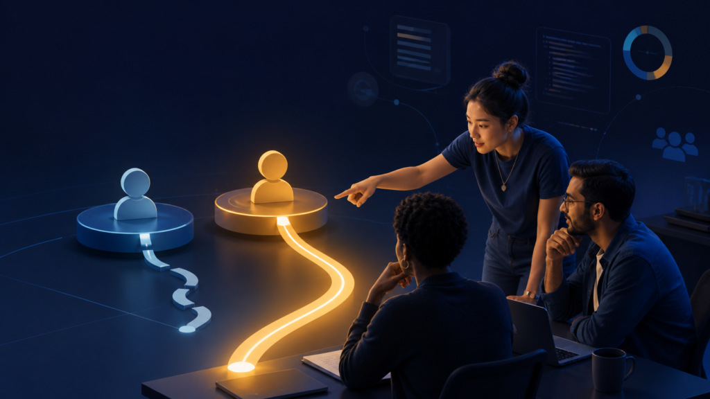 Three startup teammates compare Standard and Premium AI capacity paths in a dark navy editorial illustration.