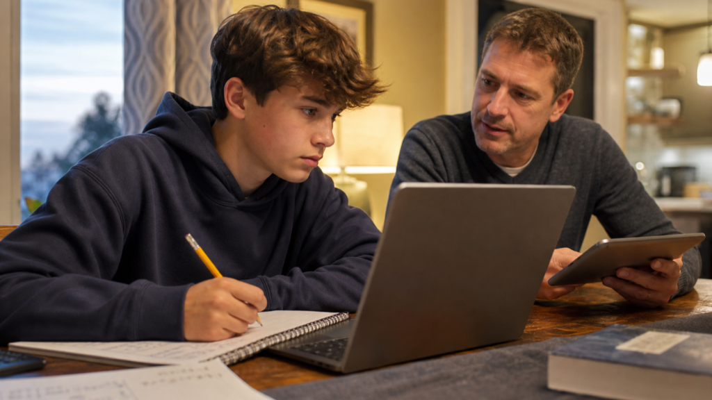 Teen studying at a laptop with a parent reviewing controls nearby