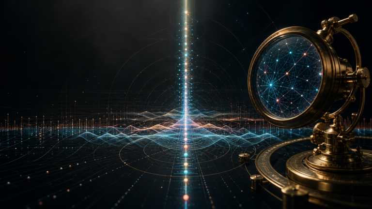 Abstract visualization of a luminous critical line with zeta-zero points and an AI analysis instrument.
