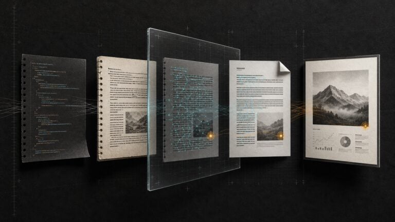 Editorial illustration of code, essay, PDF and client documents passing through an AI watermark scanner.