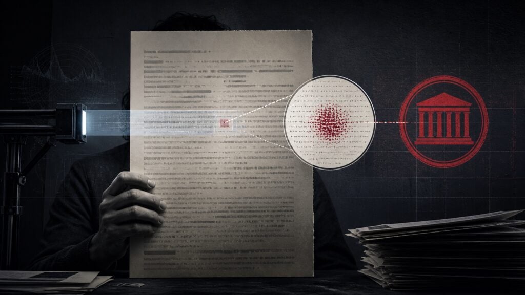 Editorial illustration of a document being scanned for an invisible AI watermark that becomes an institutional verdict symbol.