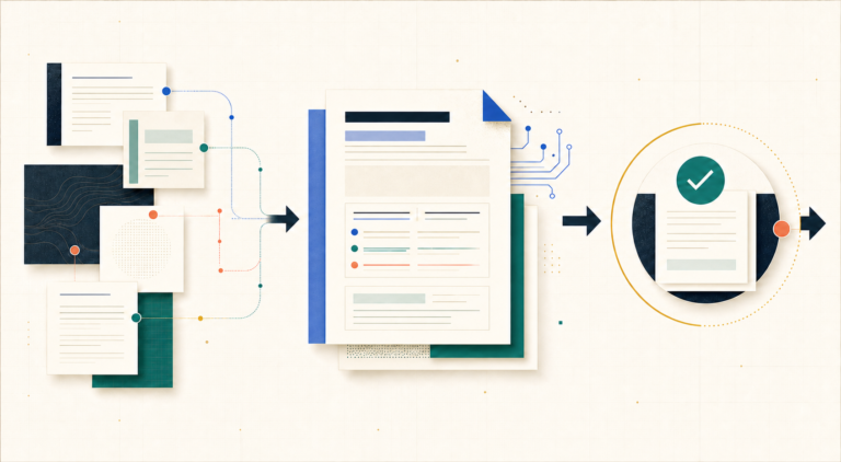 Editorial diagram of source documents flowing through structured analysis to a human-approved result