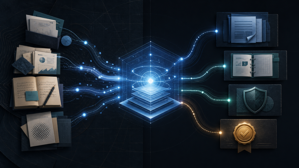 Editorial illustration of evidence sources flowing through a governed agentic sales workflow to risk controls and human approval