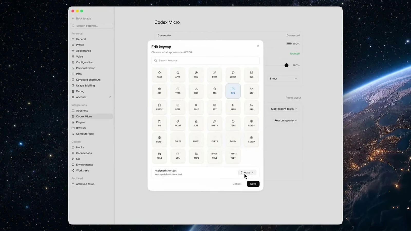 ChatGPT desktop app showing Codex Micro Agent Keys, Command Keys, dial and joystick settings
