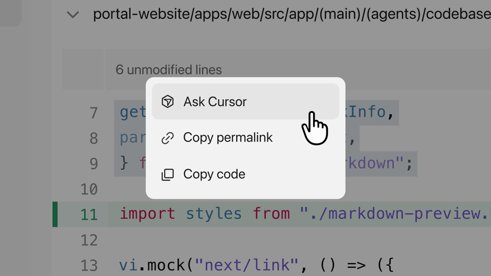 Cursor Origin launch demo showing a pull-request diff with the Ask Cursor action available for selected code
